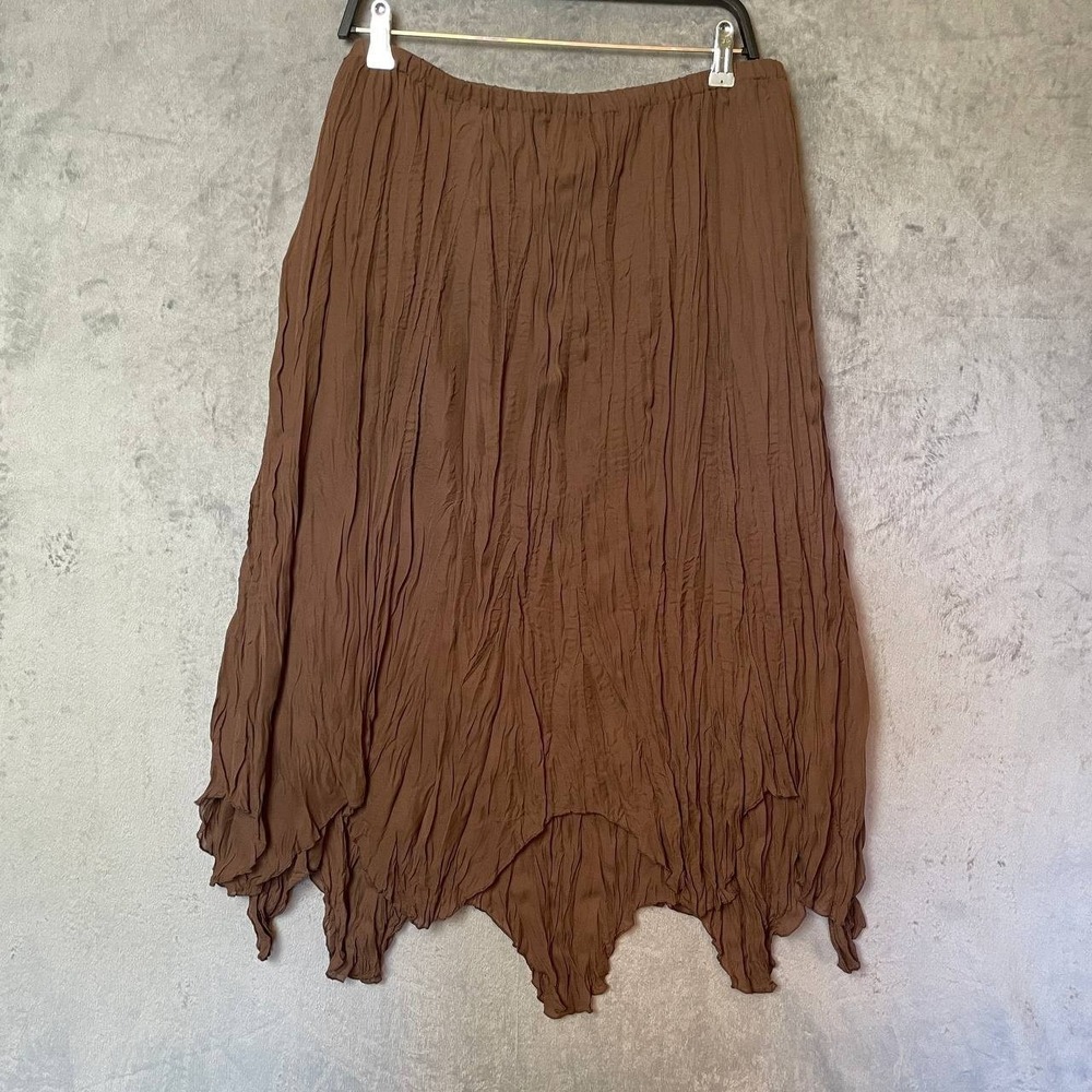 Brown Crinkle Handkerchief Hem Midi Skirt 2X Boho Fairy Whimsigoth Earthy